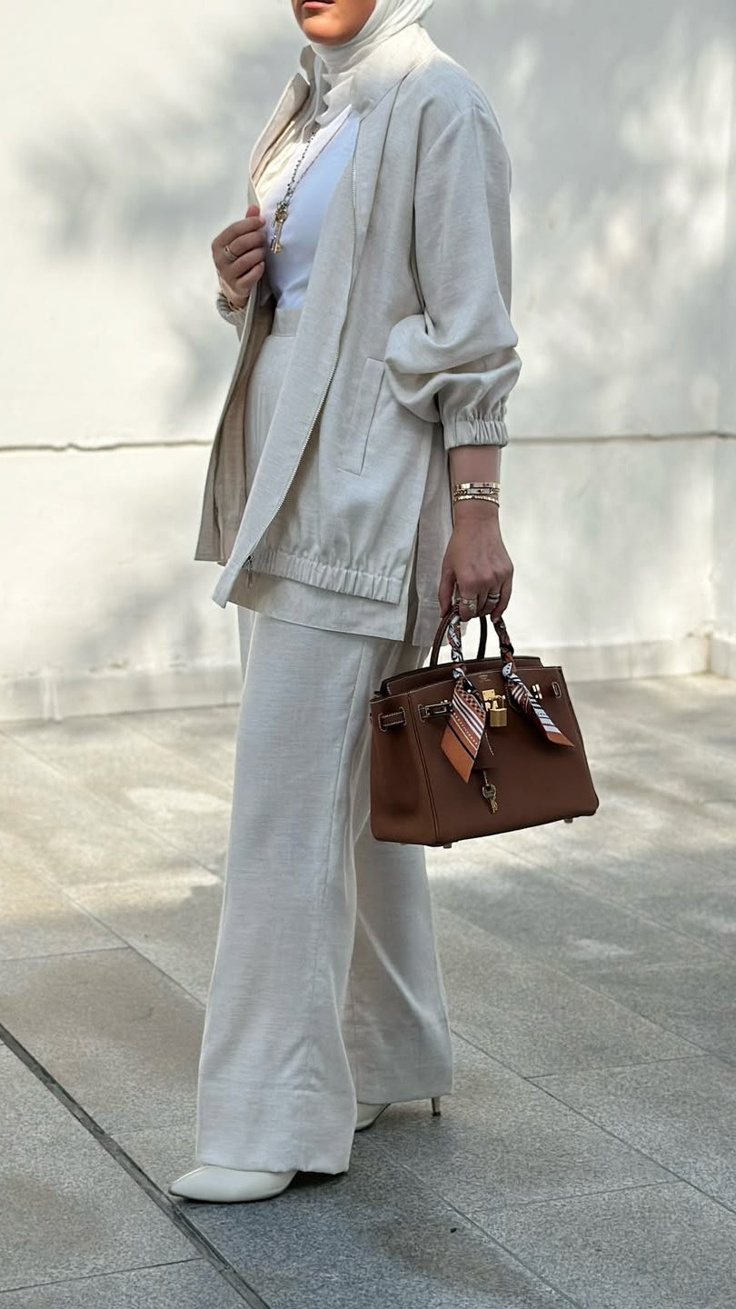 Ensemble Tailleur Lin Veste coupe fluide et Pantalon large – Beige
