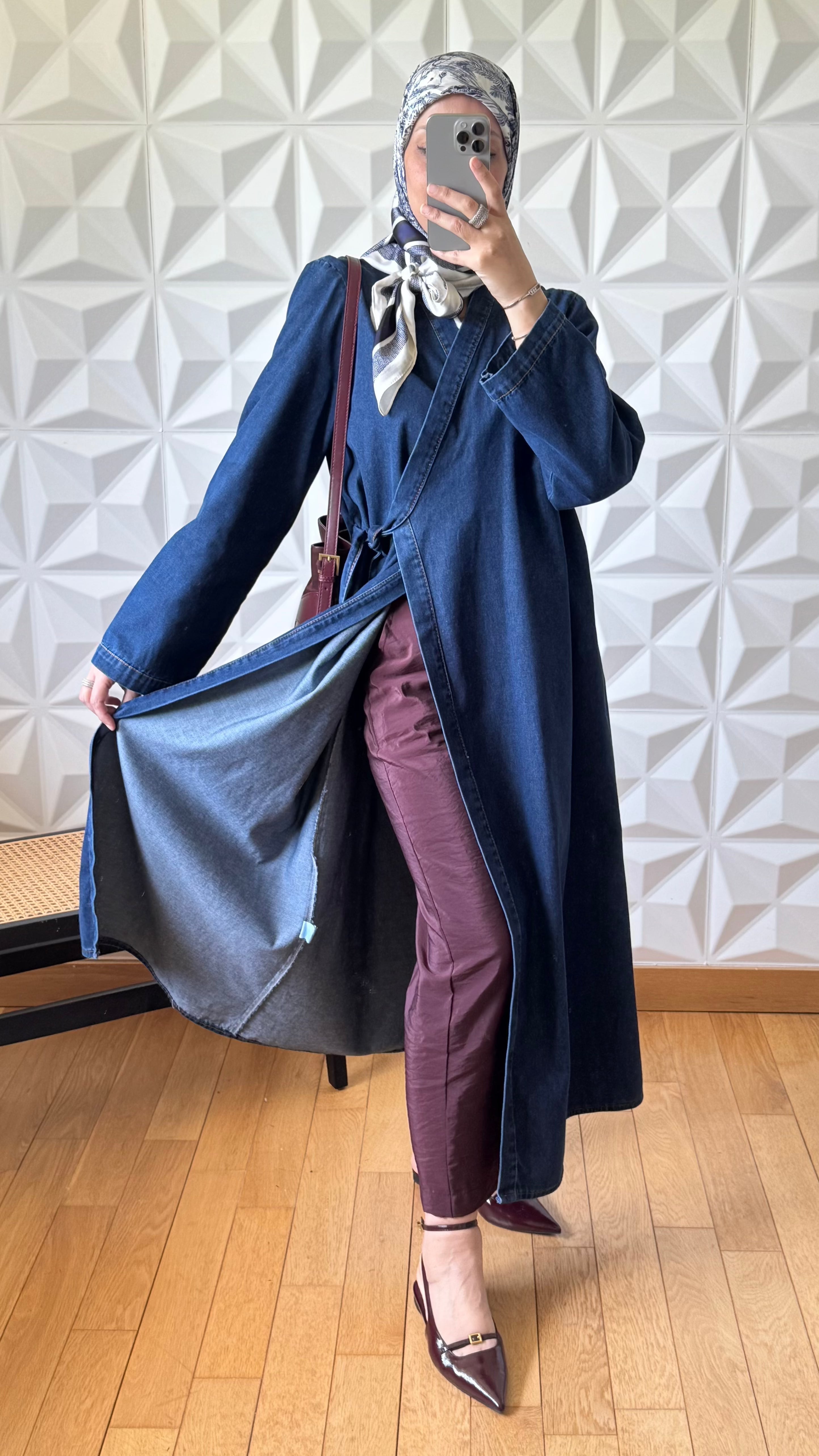 Veste longue en jean croisée et nouée sur le devant - Denim foncé