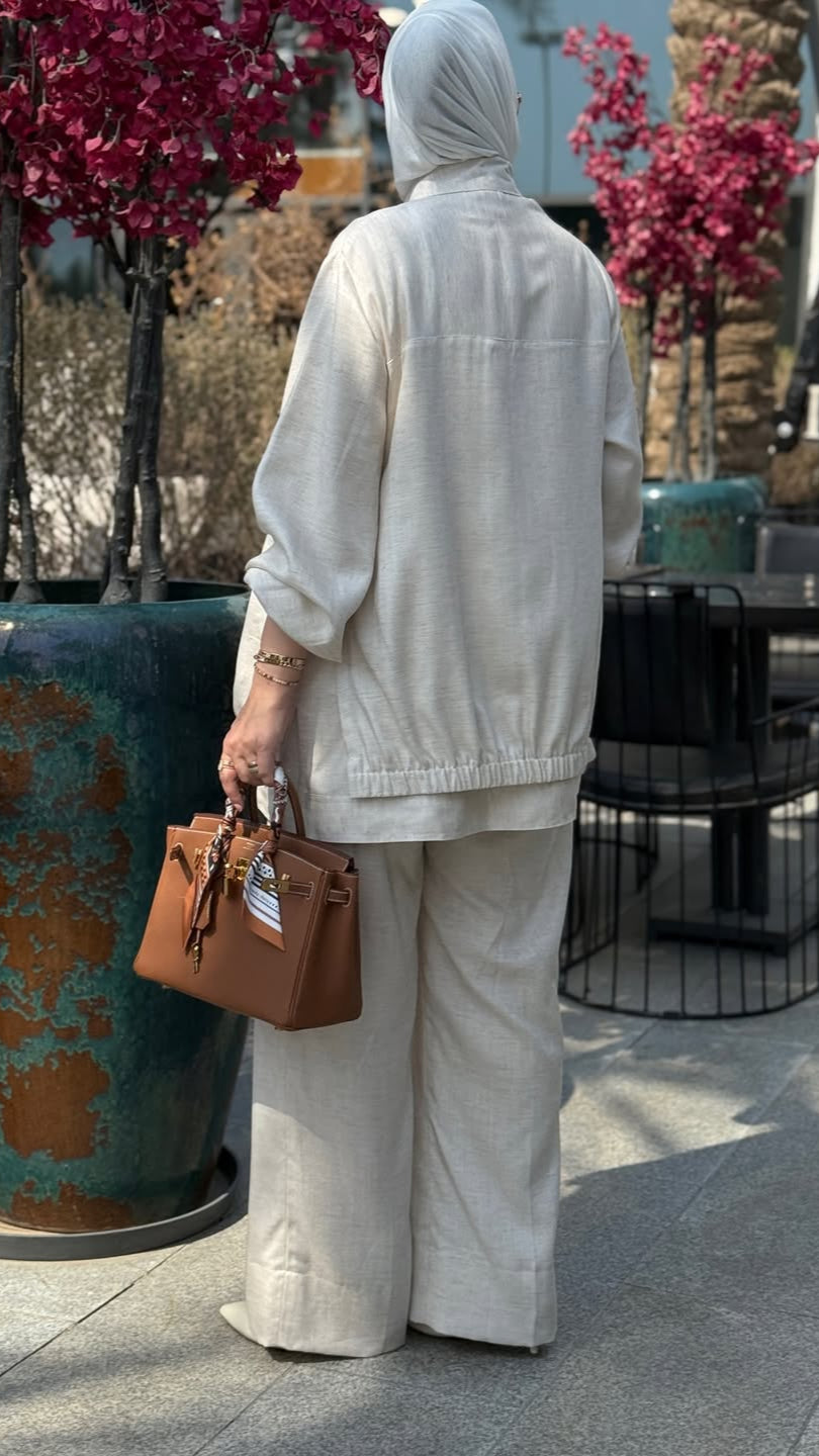 Ensemble Tailleur Lin Veste coupe fluide et Pantalon large – Beige