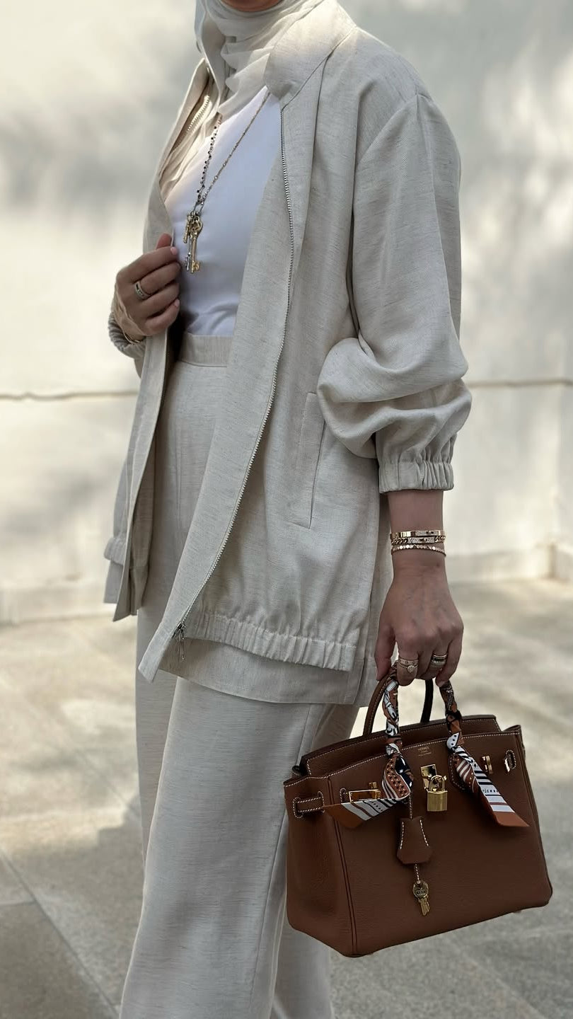 Ensemble Tailleur Lin Veste coupe fluide et Pantalon large – Beige
