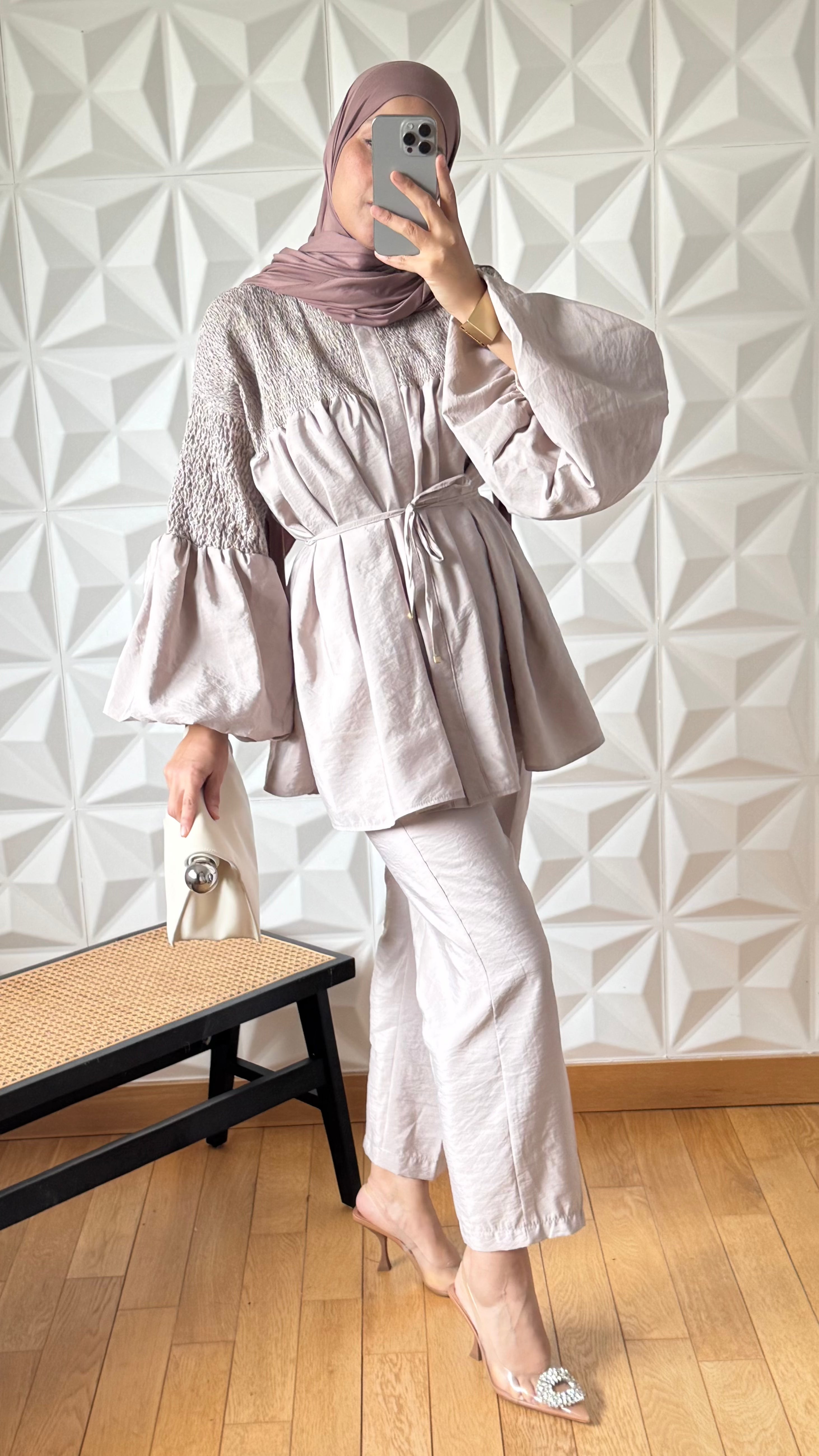 Ensemble Blouse smockée et Pantalon droit slim