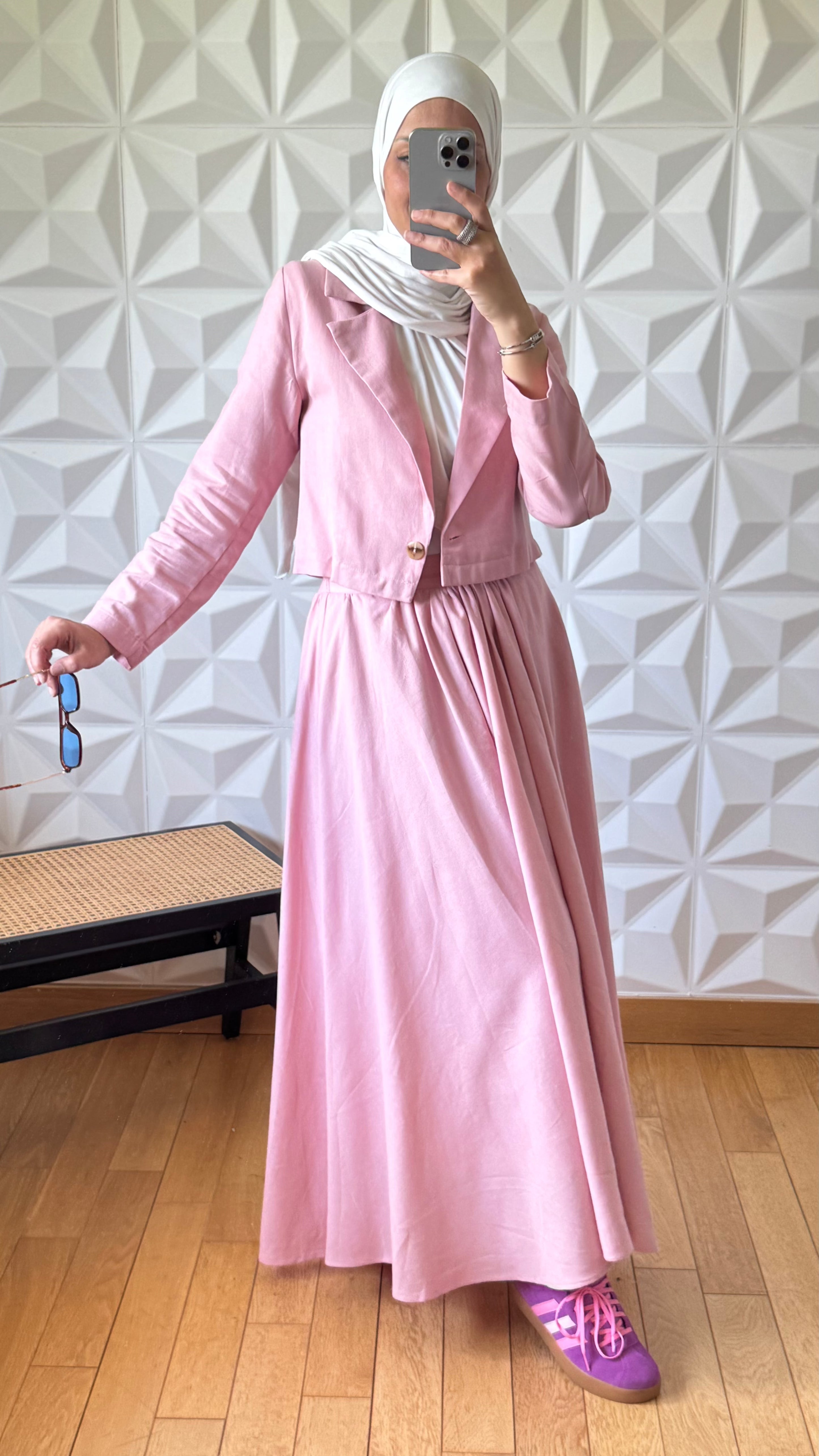 Ensemble Tailleur Lin Veste coupe carré et Jupe à volants - Rose