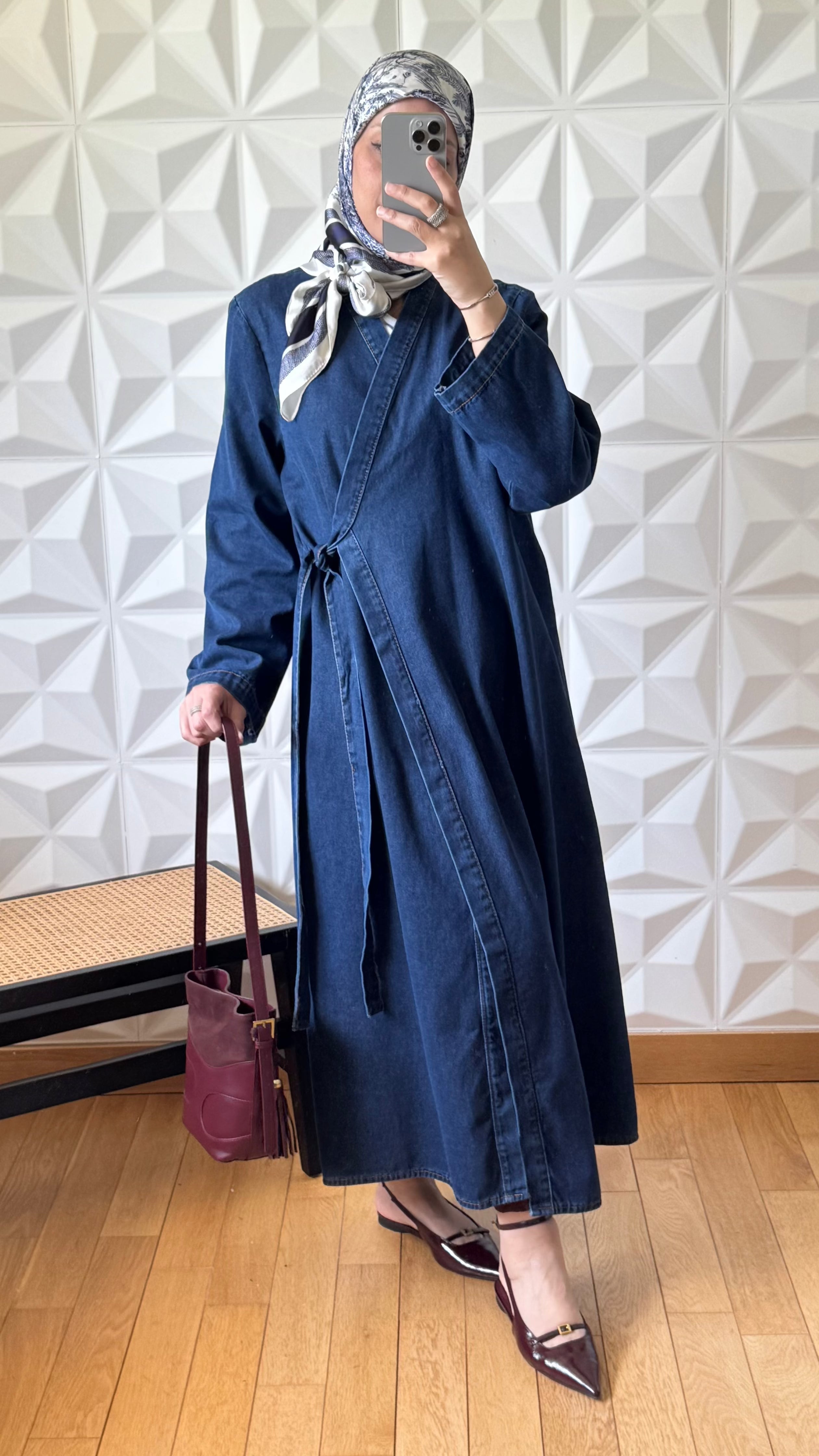 Veste longue en jean croisée et nouée sur le devant - Denim foncé