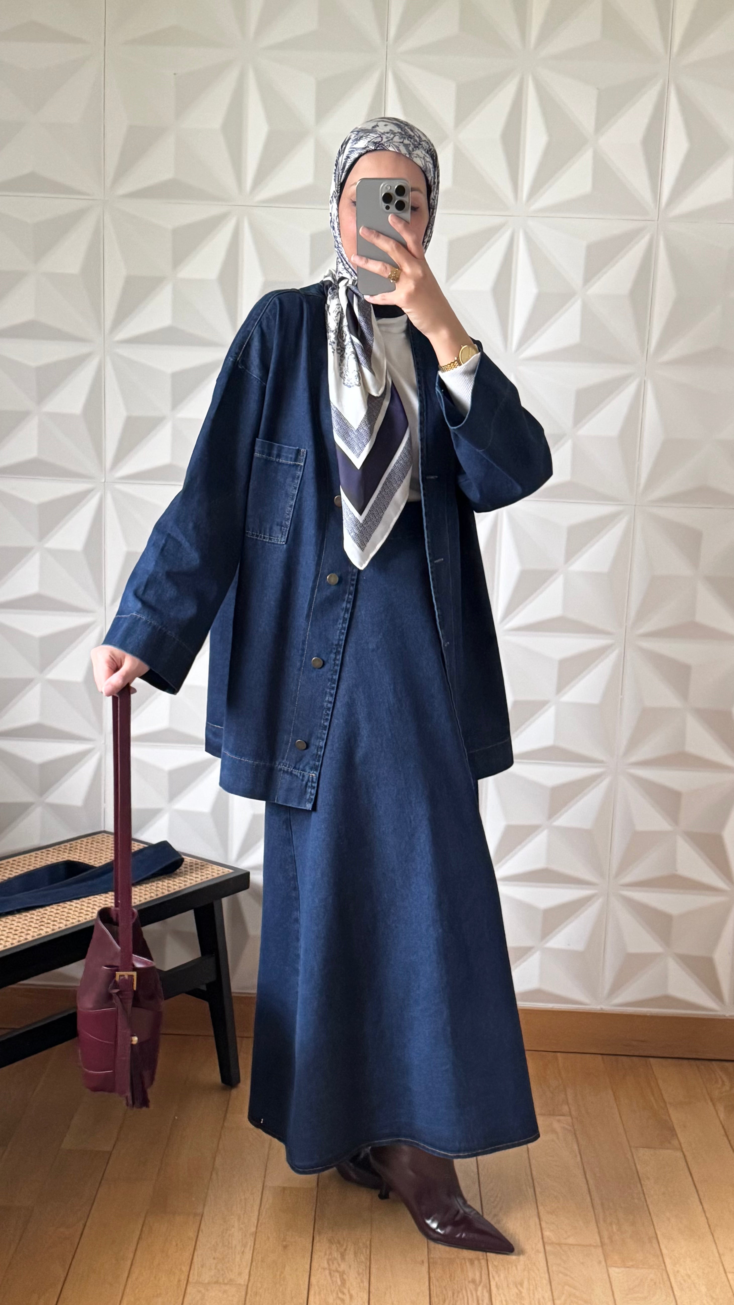 Ensemble Veste en Jean Nouée à la Taille et Jupe évasée
