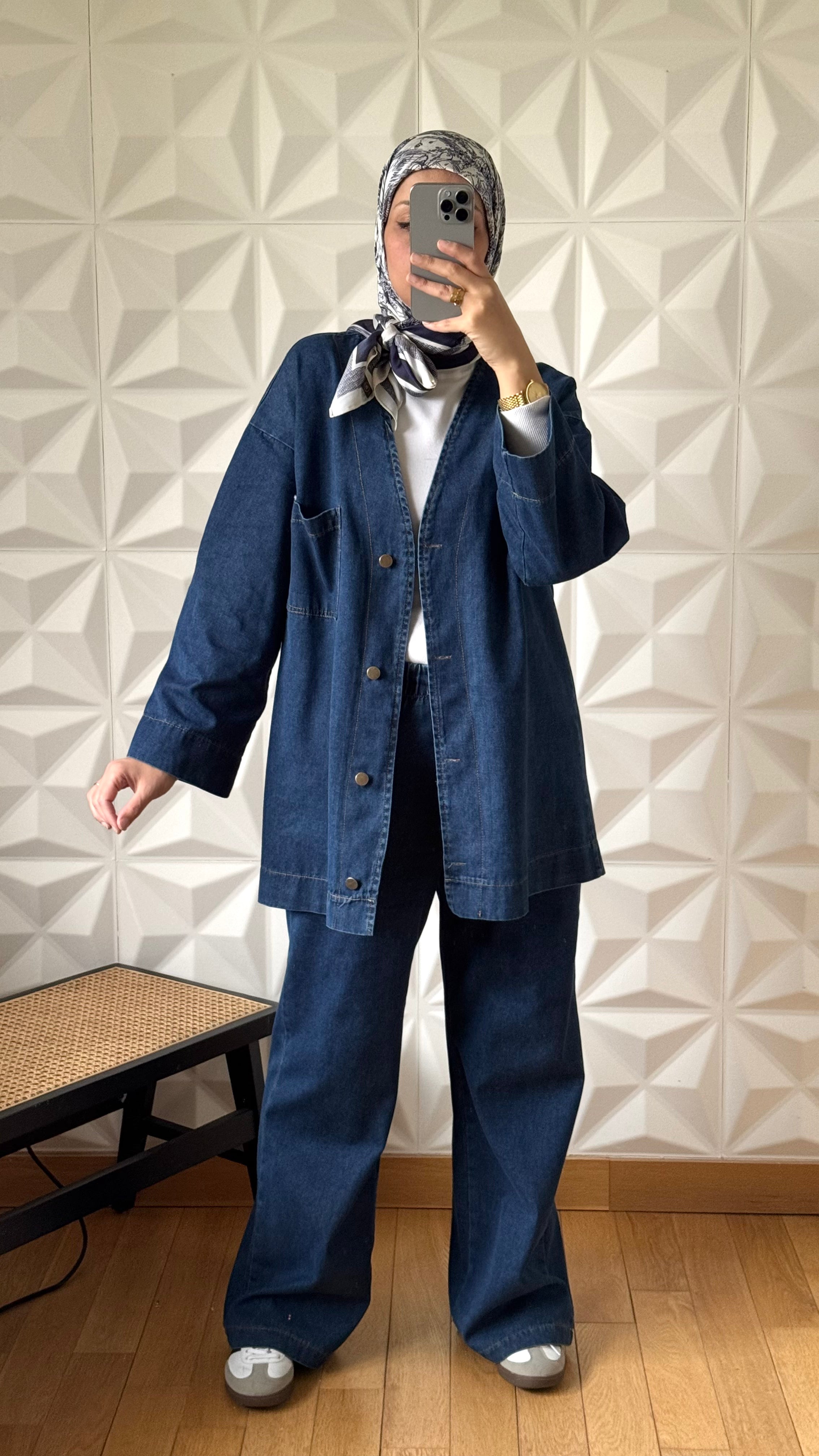 Ensemble Veste en Jean Nouée à la Taille et Pantalon Large
