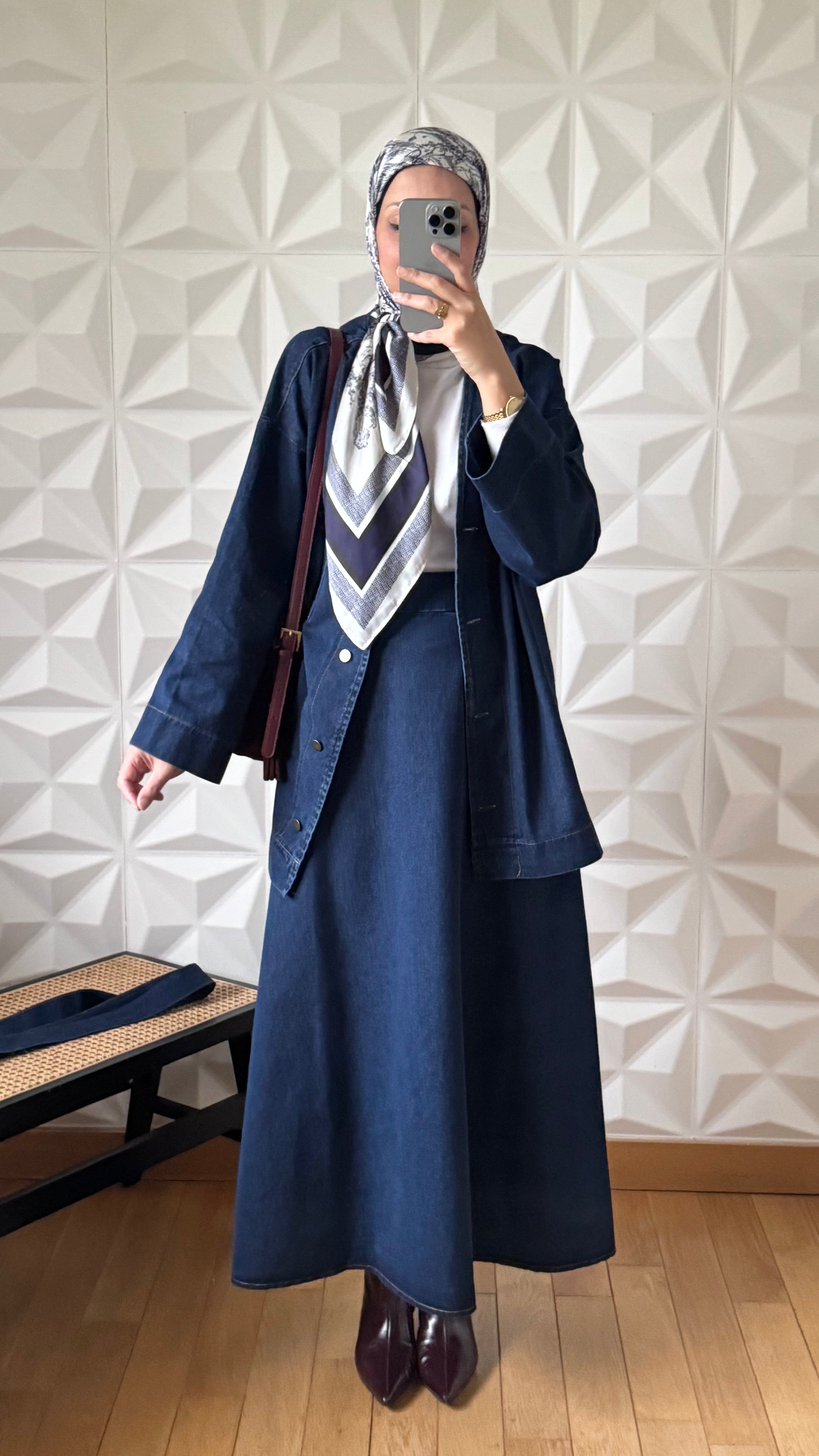 Ensemble Veste en Jean Nouée à la Taille et Jupe évasée