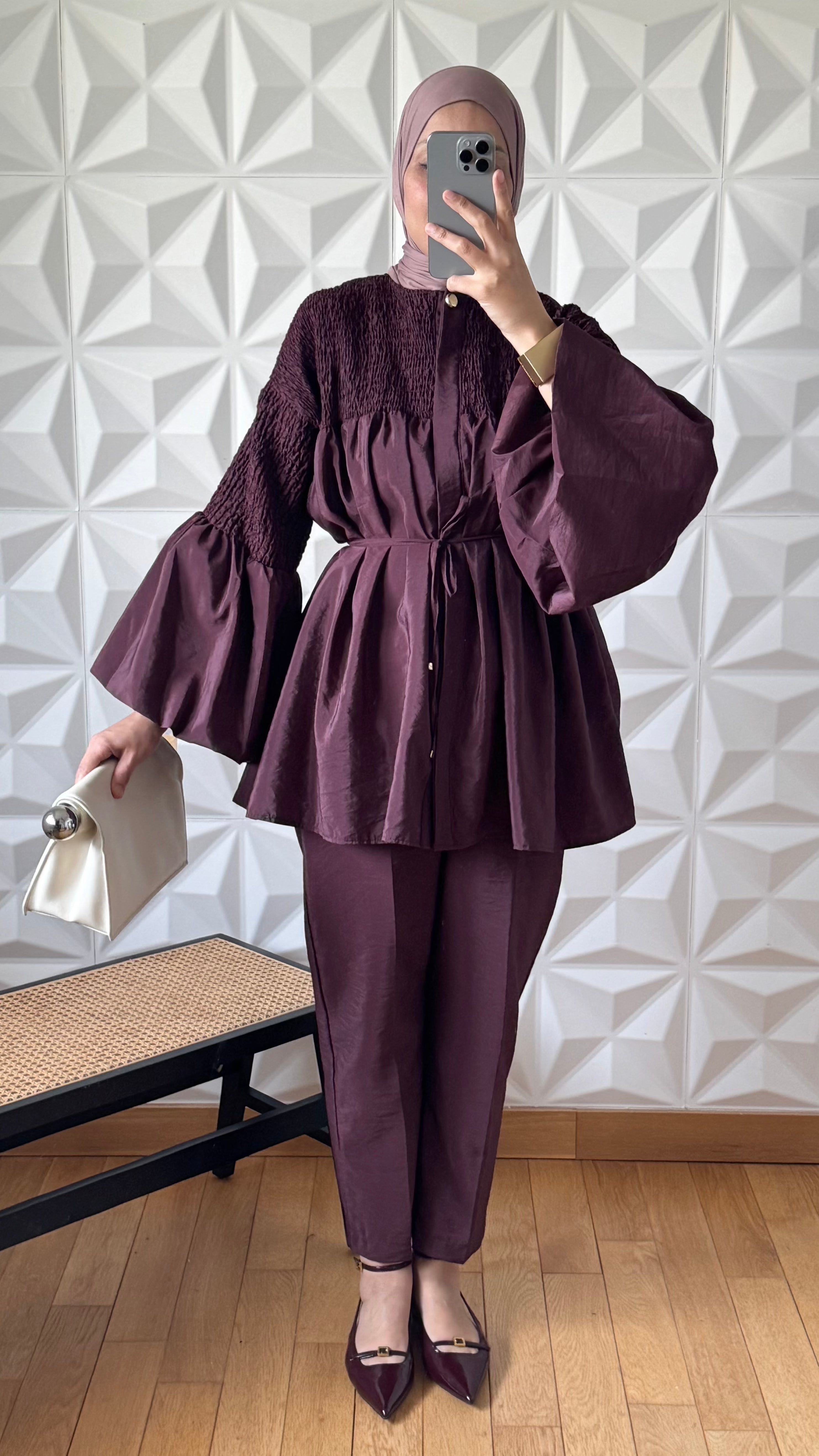 Ensemble Blouse smockée et Pantalon droit slim