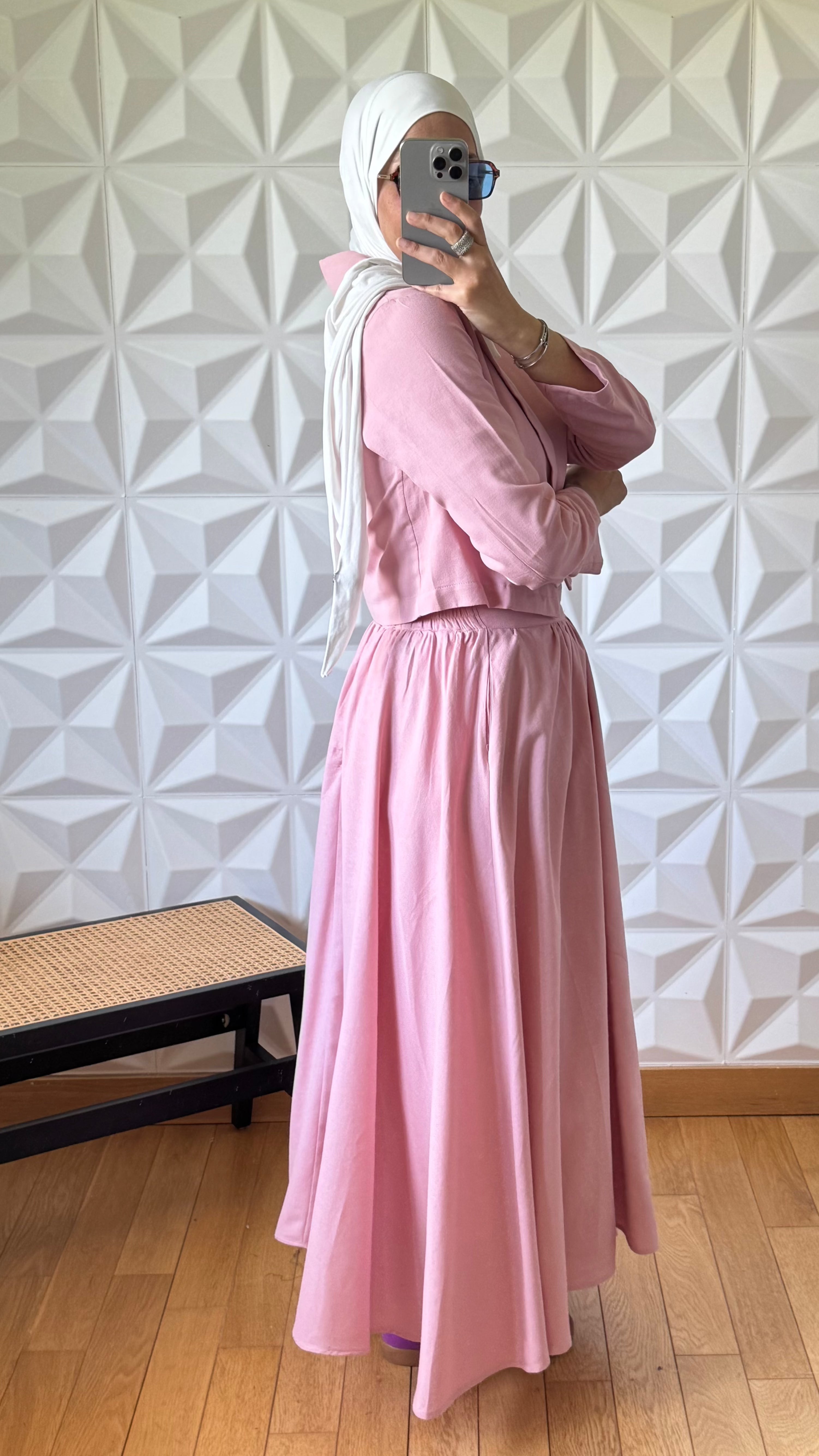 Ensemble Tailleur Lin Veste coupe carré et Jupe à volants - Rose