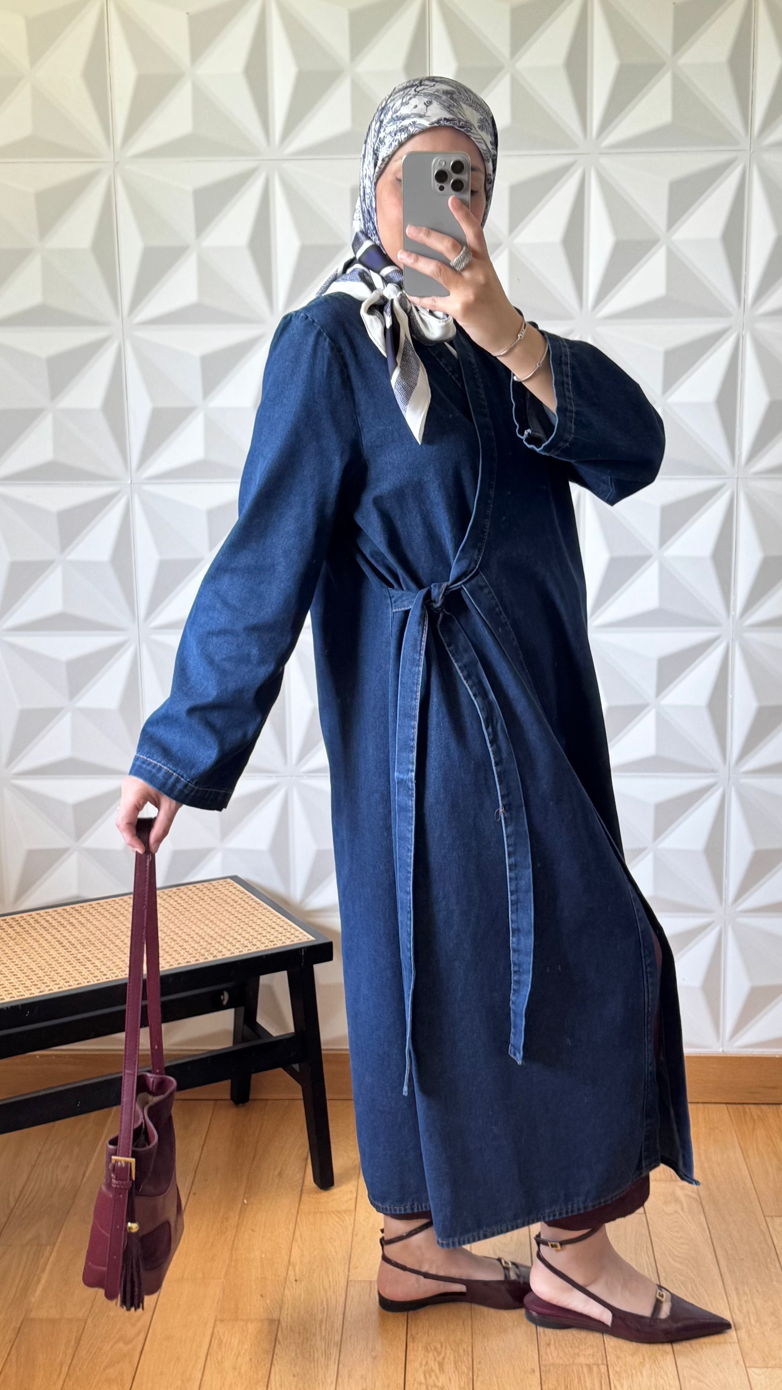 Veste longue en jean croisée et nouée sur le devant - Denim foncé