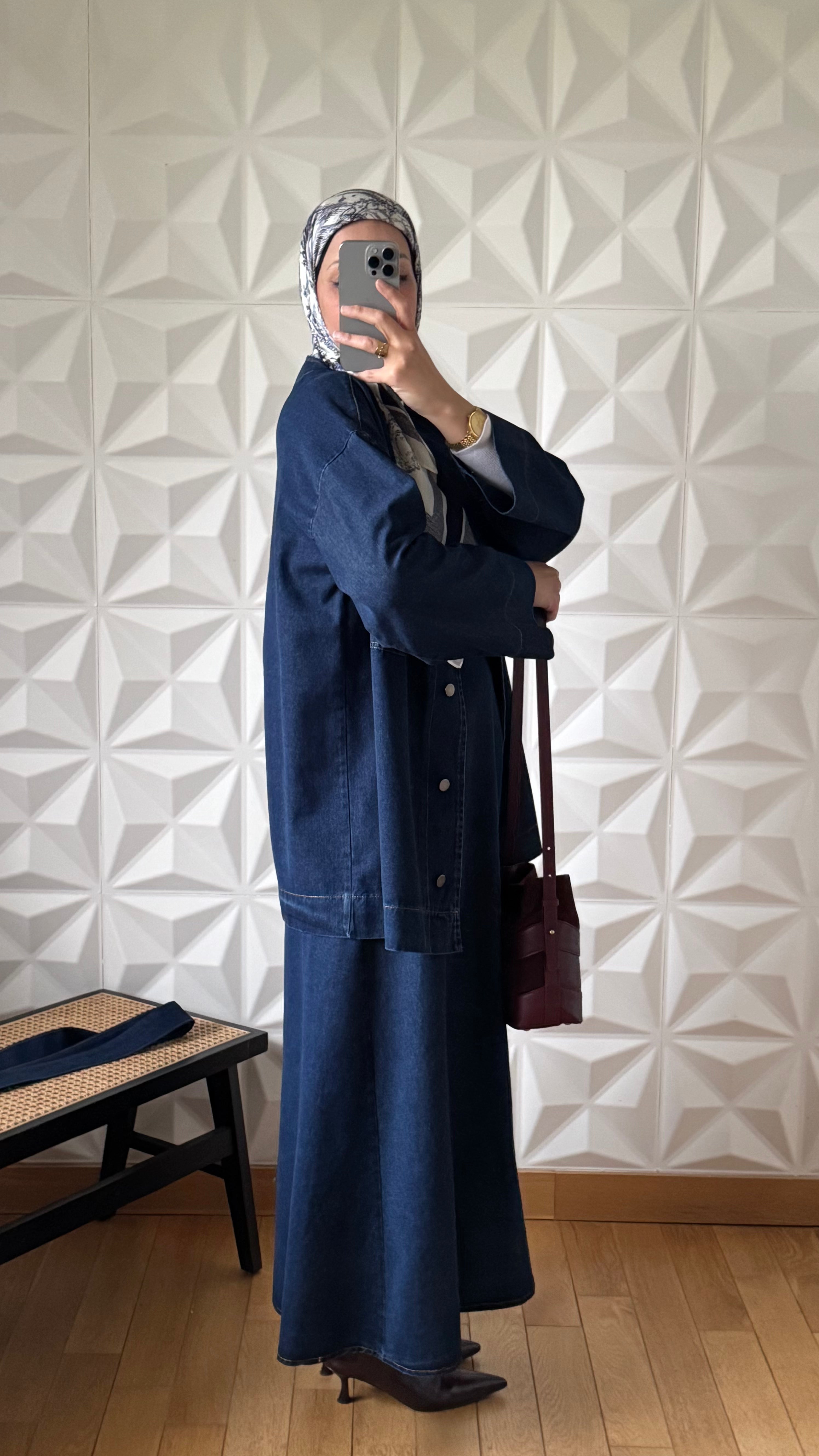 Ensemble Veste en Jean Nouée à la Taille et Jupe évasée