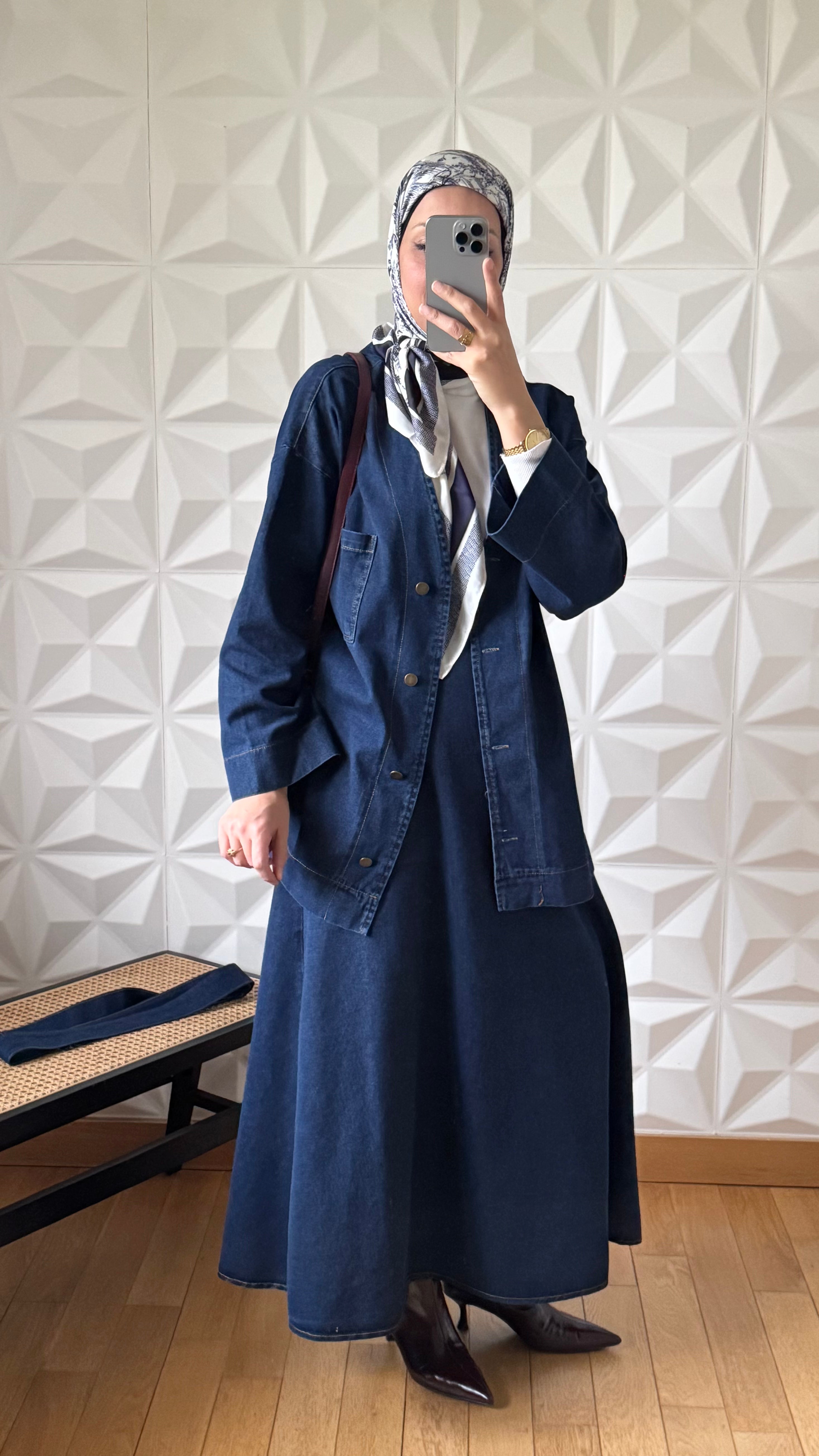 Ensemble Veste en Jean Nouée à la Taille et Jupe évasée