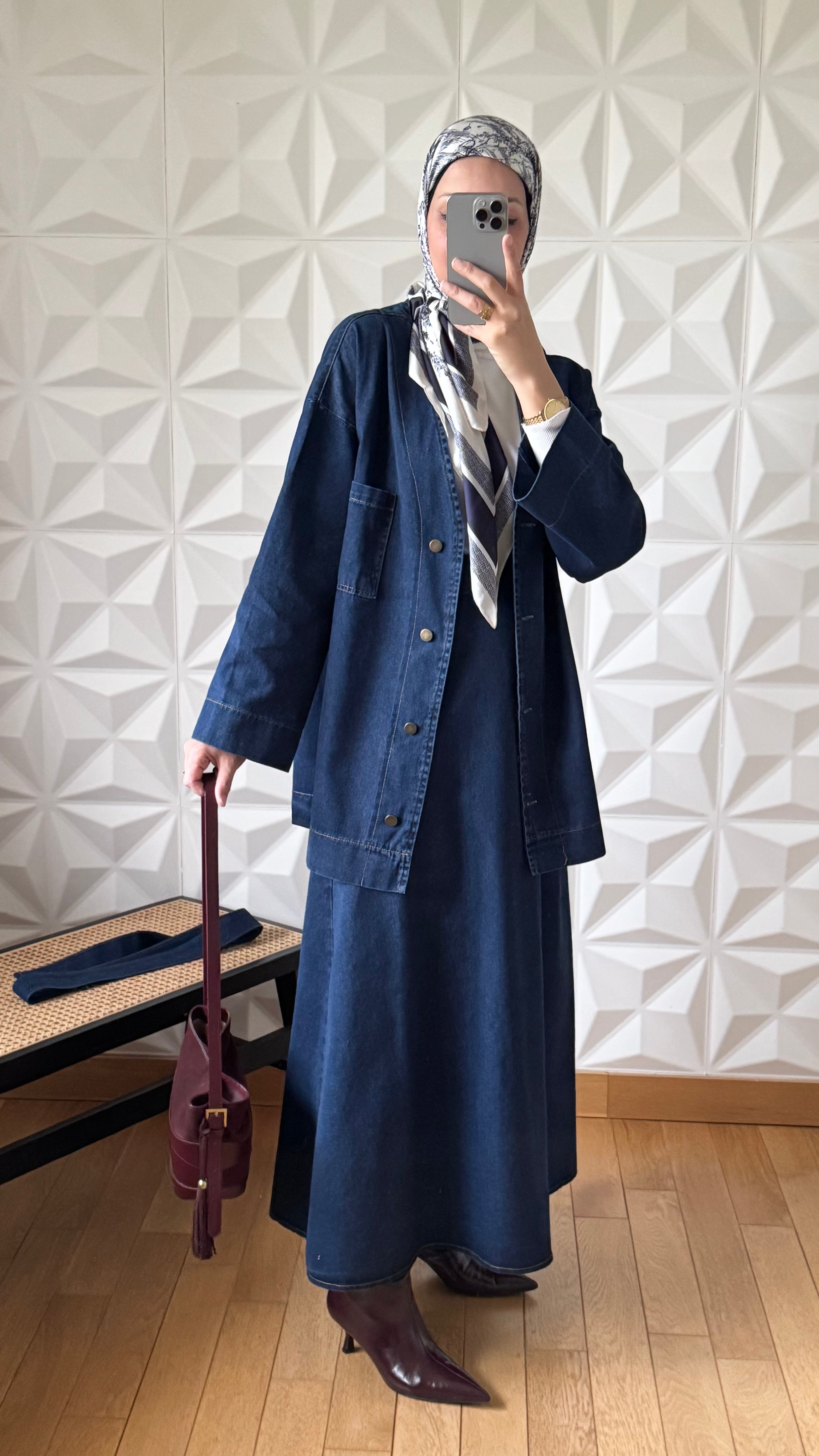 Ensemble Veste en Jean Nouée à la Taille et Jupe évasée